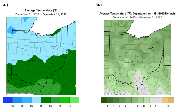 Map of Ohio with average temperature and departure from normal for temperature.