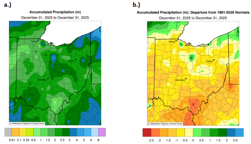 Map of Ohio with accumulated precipitation and departure from normal for precipitation.
