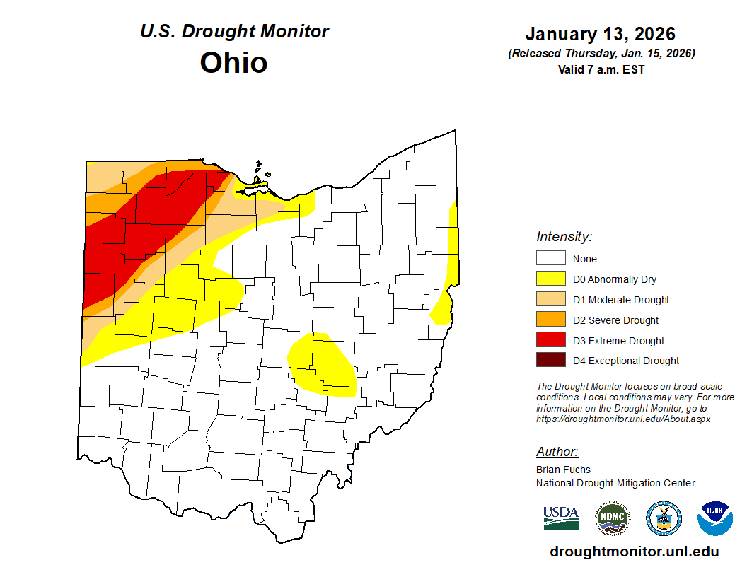Map of Ohio with current drought conditions. 