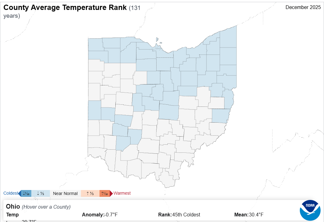 Map of Ohio with county temperature rank.