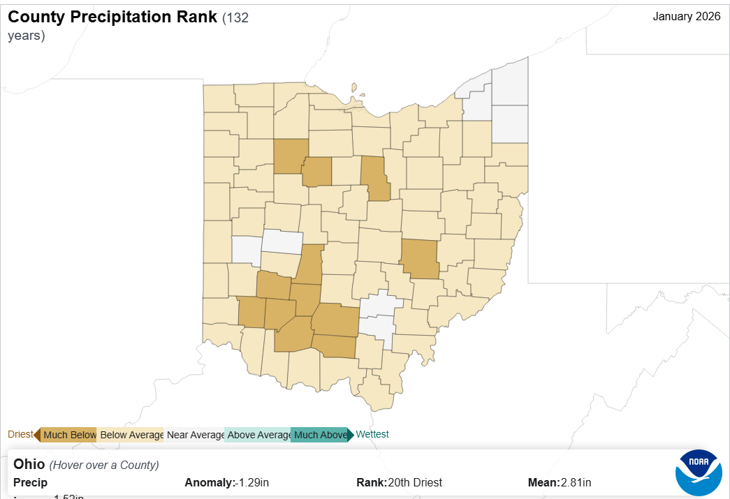 Map of Ohio with county precipitation rank.