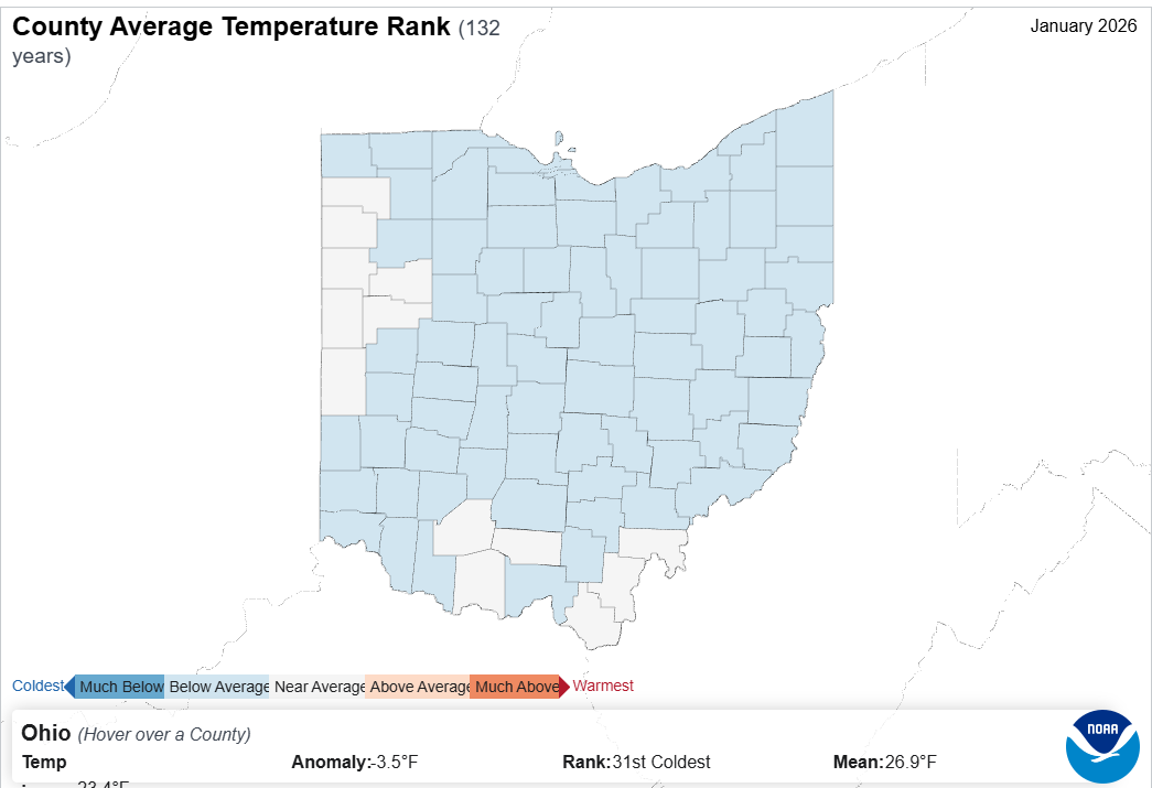Map of Ohio with county temperature rank.