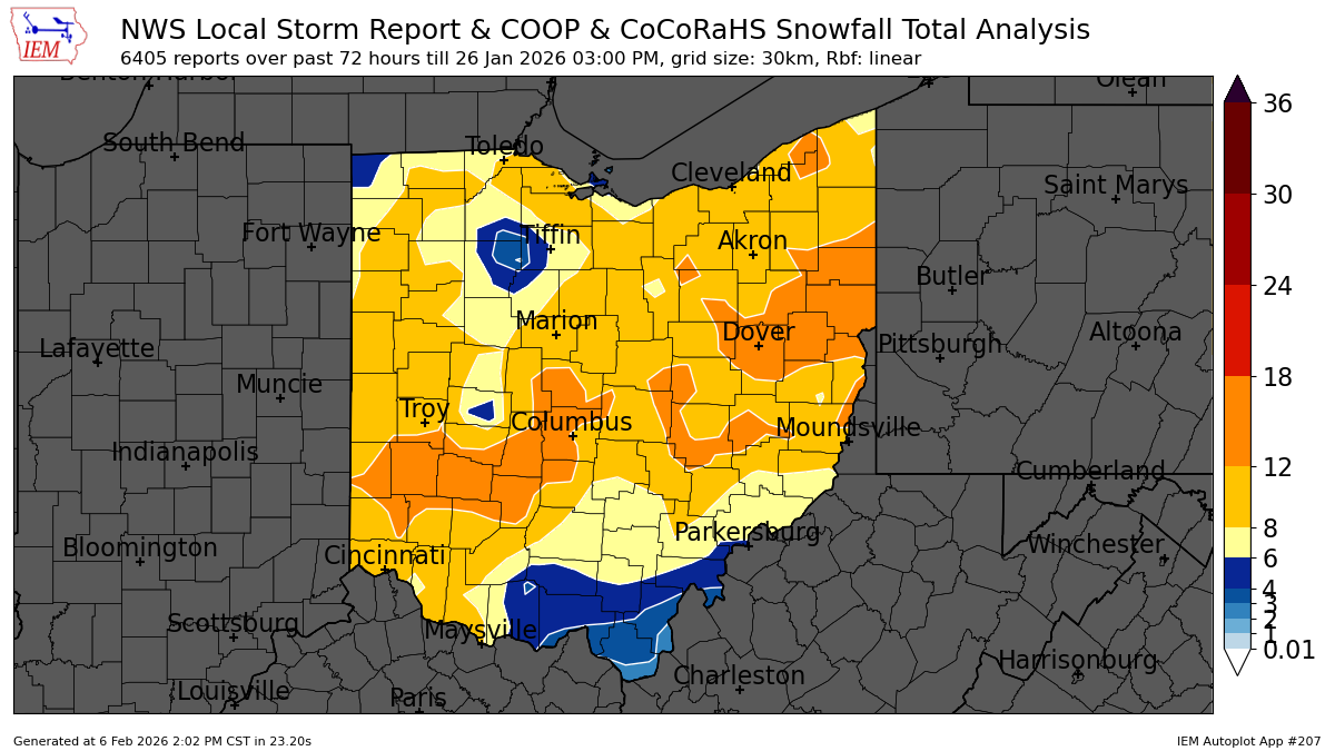 Map of total snow accumulation for Ohio on January 26 from 3:00 pm. 