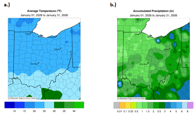 Map of Ohio with average temperature and accumulated precipitation.
