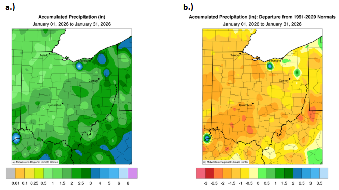 Map of Ohio with accumulated precipitation and departure from normal for precipitation.