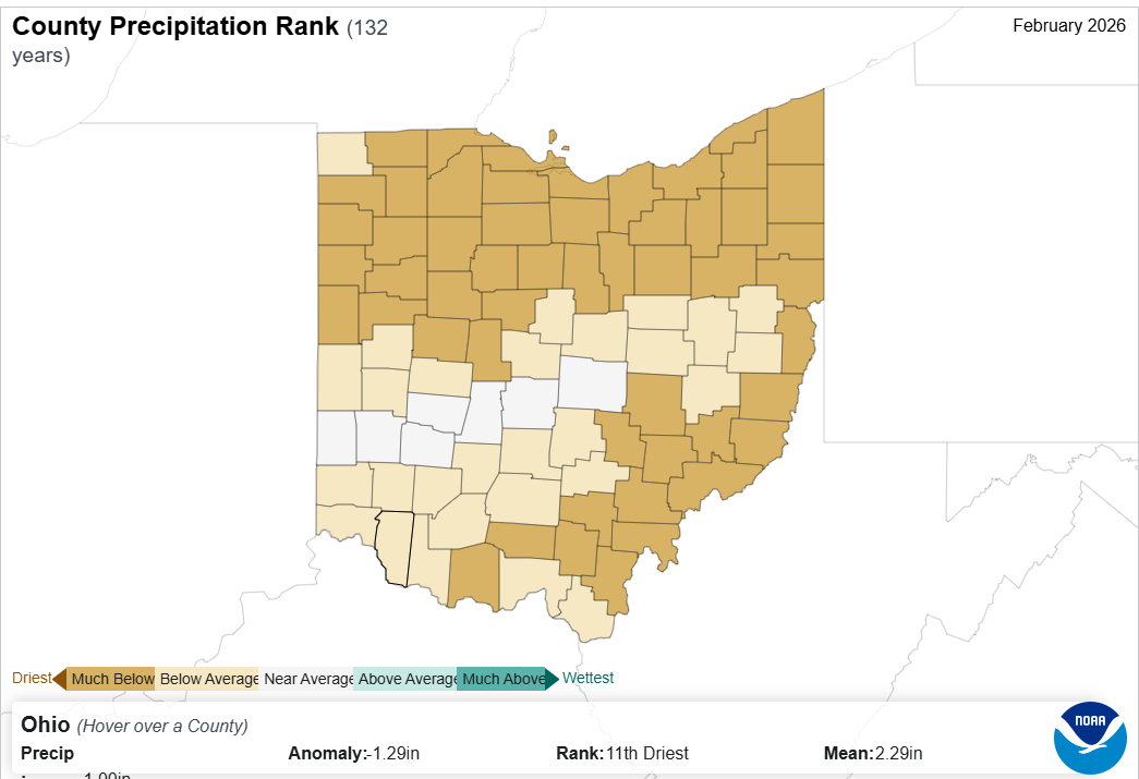 Map of Ohio with county precipitation rank.