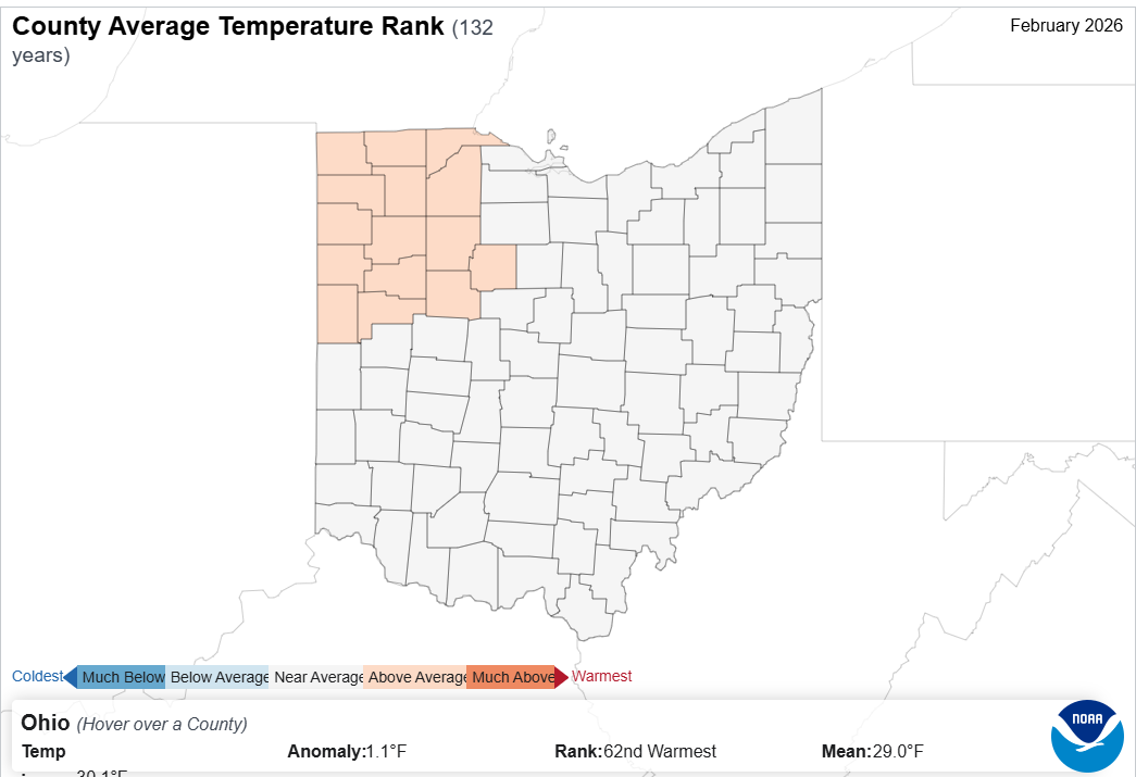 Map of Ohio with county temperature rank.
