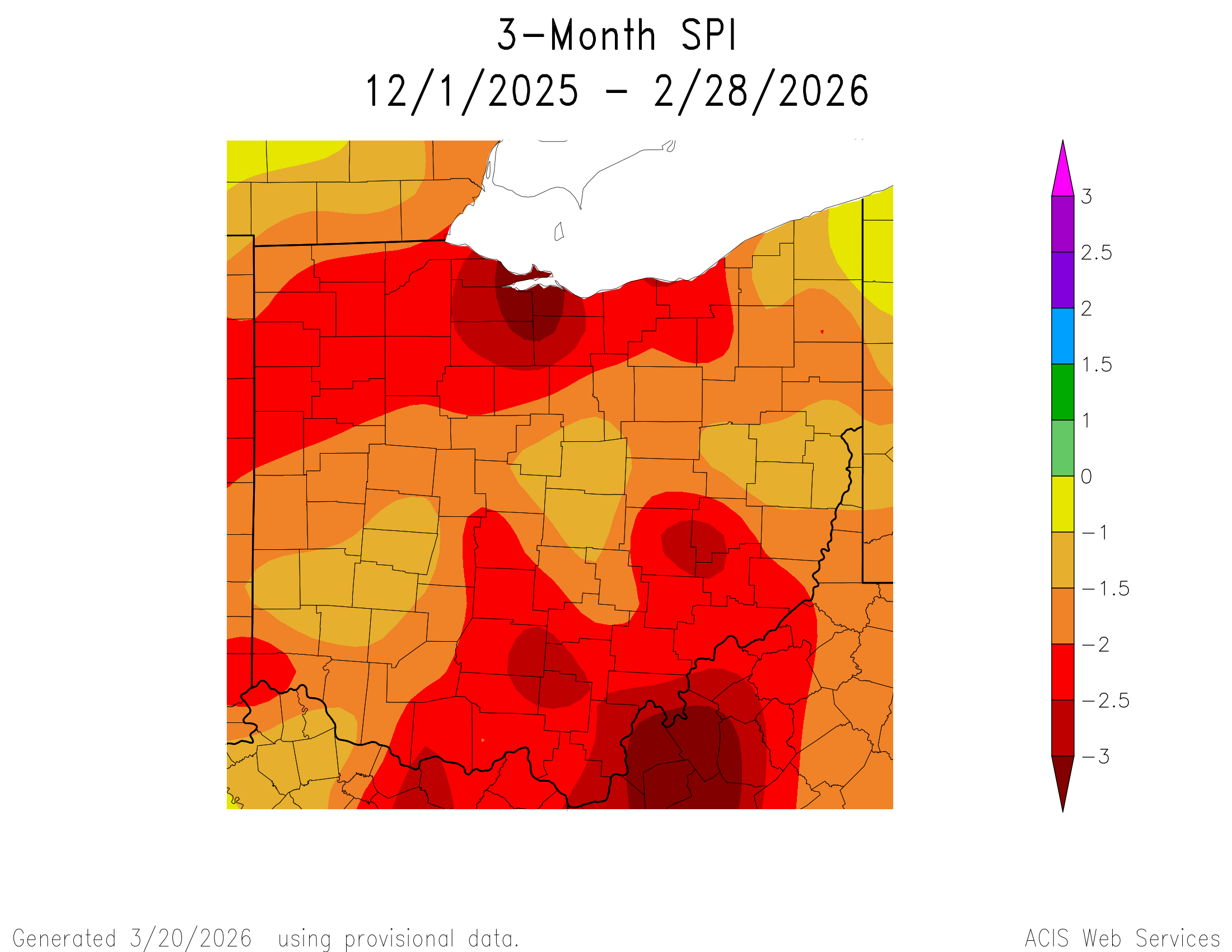 Map of 3-month SPI for Ohio