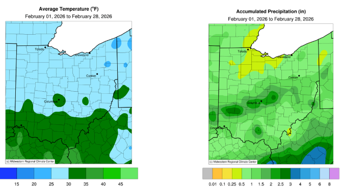 Map of Ohio with average temperature and accumulated precipitation.