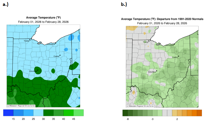 Map of Ohio with average temperature and departure from normal for temperature.
