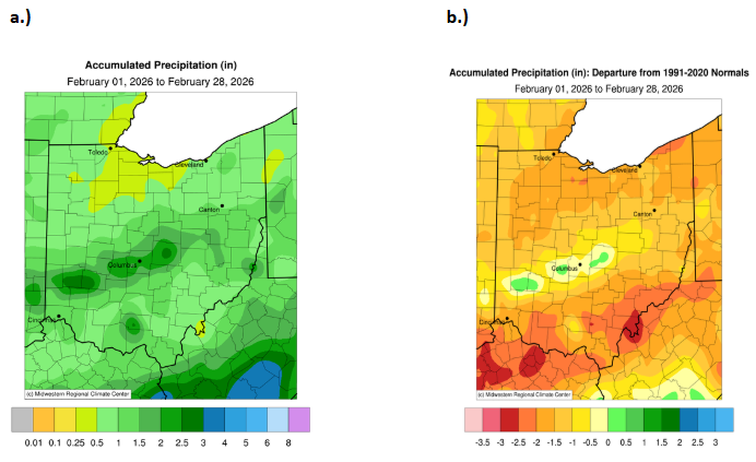 Map of Ohio with accumulated precipitation and departure from normal for precipitation.