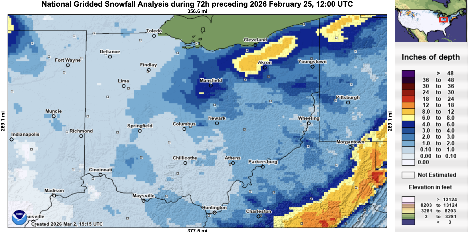 Map of Ohio with snowfall totals from February 25. 