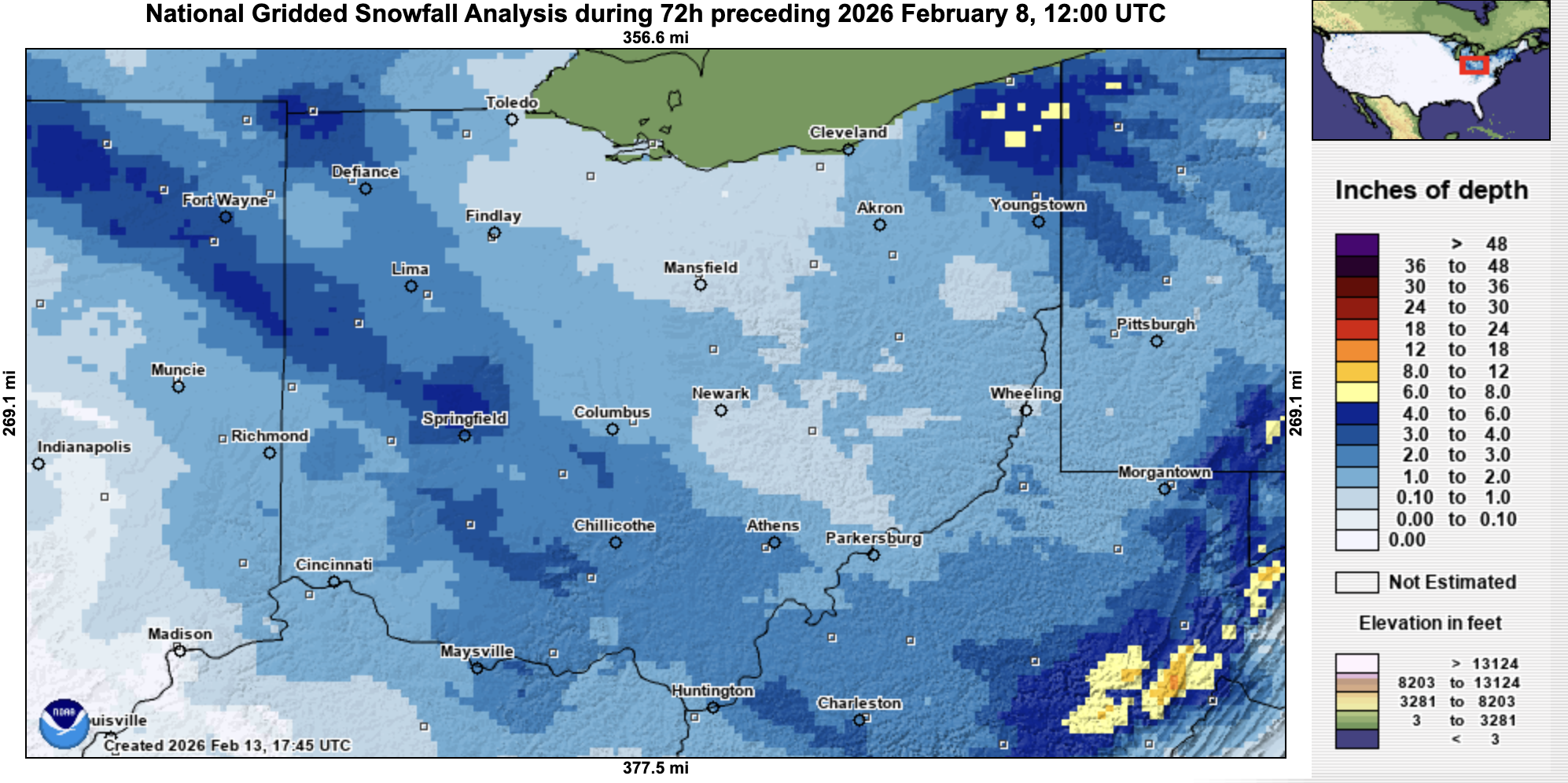 Map of Ohio with snowfall totals from February 8. 