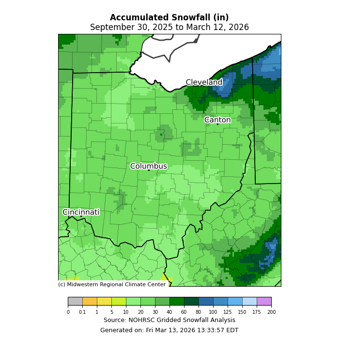 Map of Ohio with snowfall totals from September 30-March 12. 