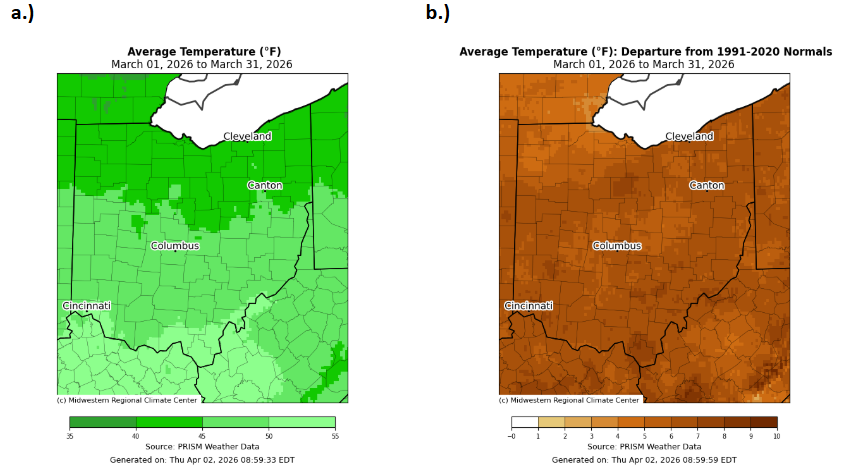 Map of Ohio with average temperature and departure from normal for temperature.