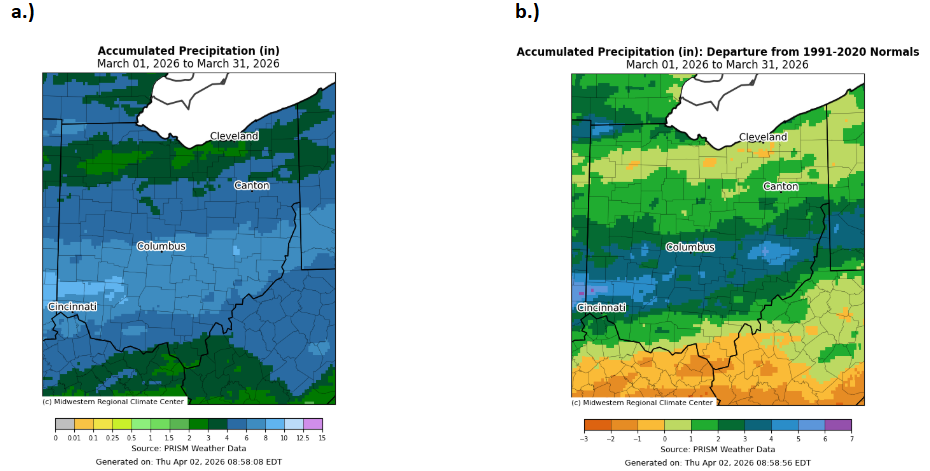 Map of Ohio with accumulated precipitation and departure from normal for precipitation.