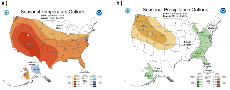 Map of the U.S. with the 3 month seasonal temperature and precipitation outlooks.
