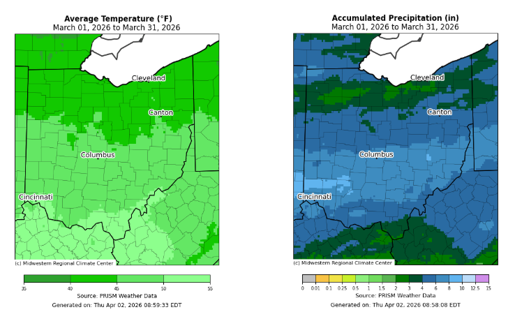 Map of Ohio with average temperature and accumulated precipitation.