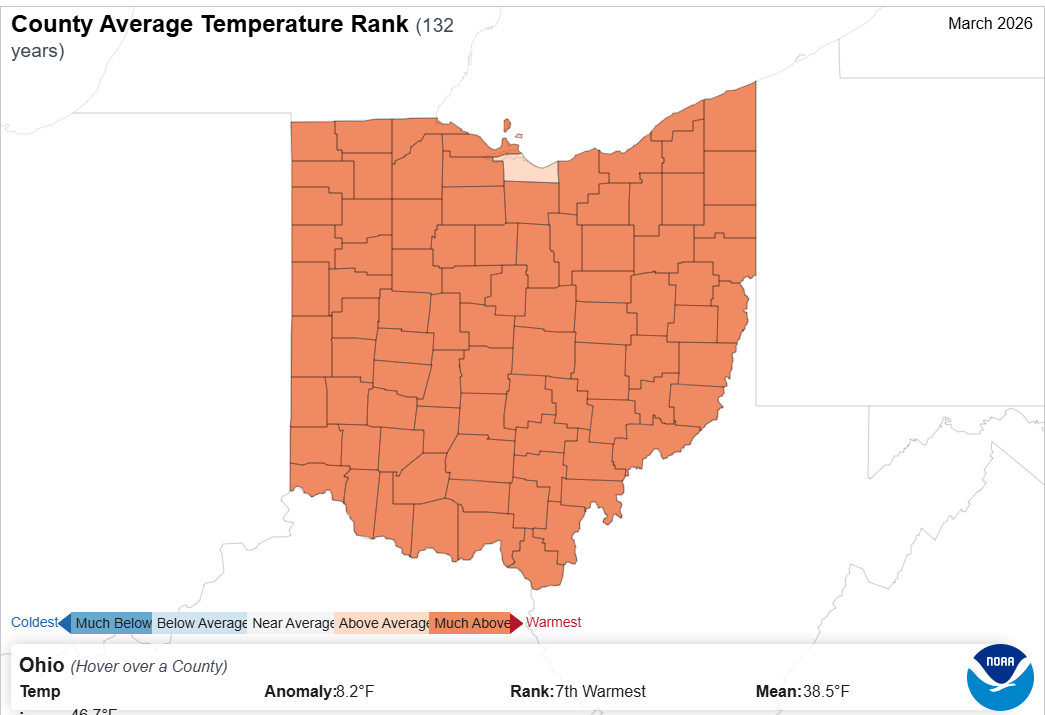 Map of Ohio with county temperature rank.