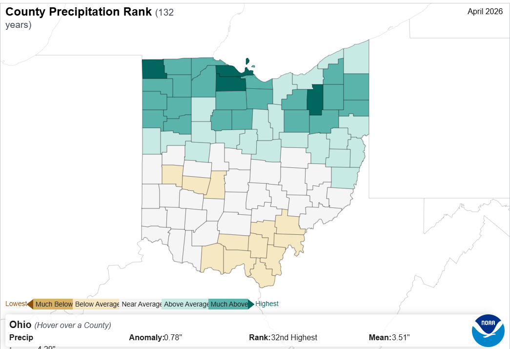 Map of Ohio with county precipitation rank.