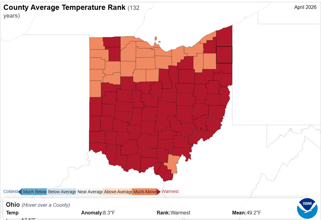 Map of Ohio with county temperature rank.