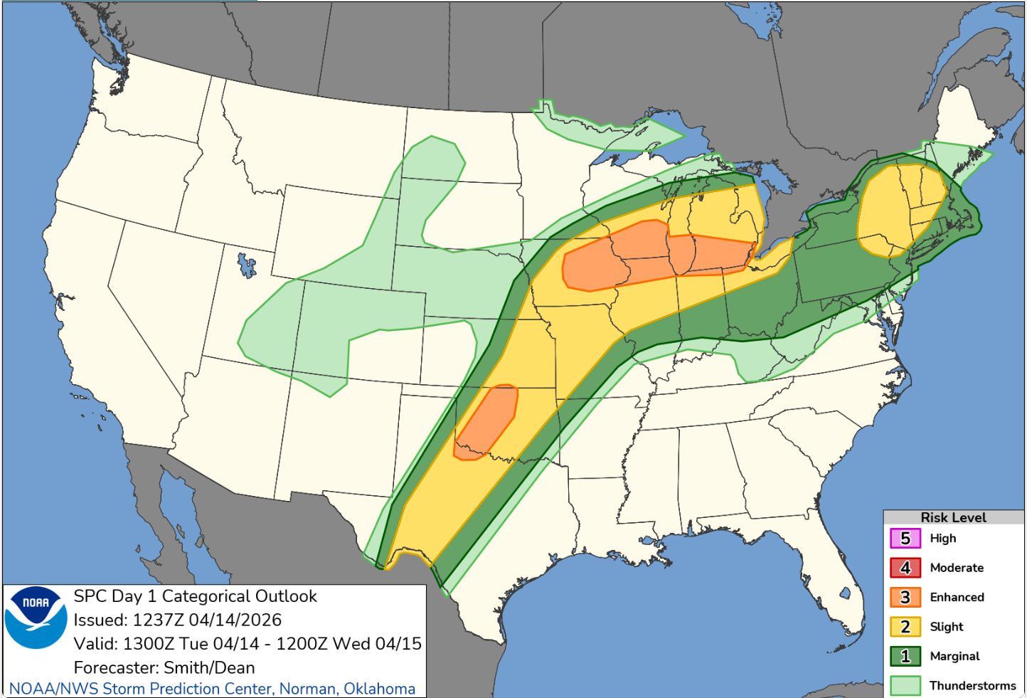 Map of the U.S. with the day 1 categorical outlook for April 14, 2026. 