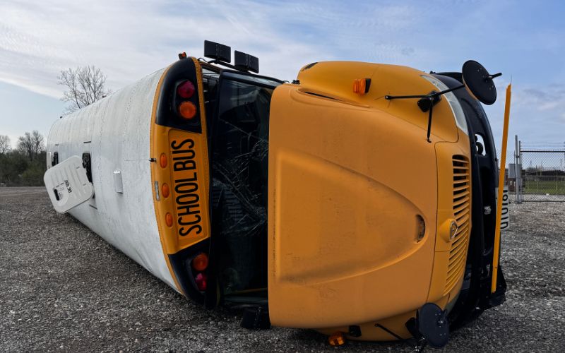 Bus tipped over on its side.