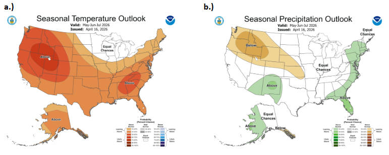 Map of the U.S. with the 3 month seasonal temperature and precipitation outlooks.