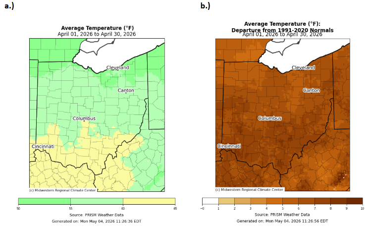 Map of Ohio with average temperature and departure from normal for temperature.