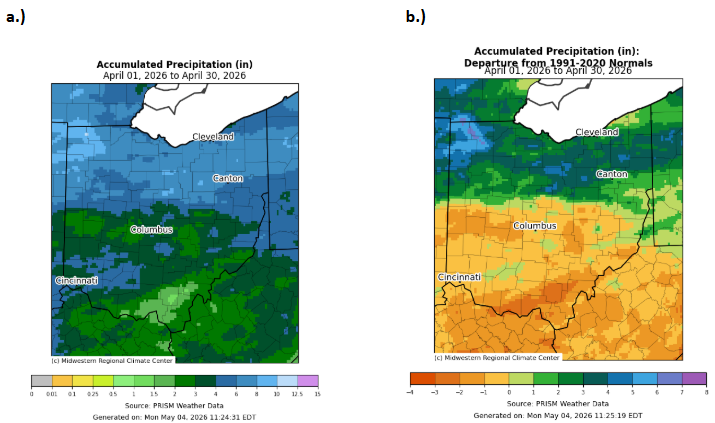 Map of Ohio with accumulated precipitation and departure from normal for precipitation.