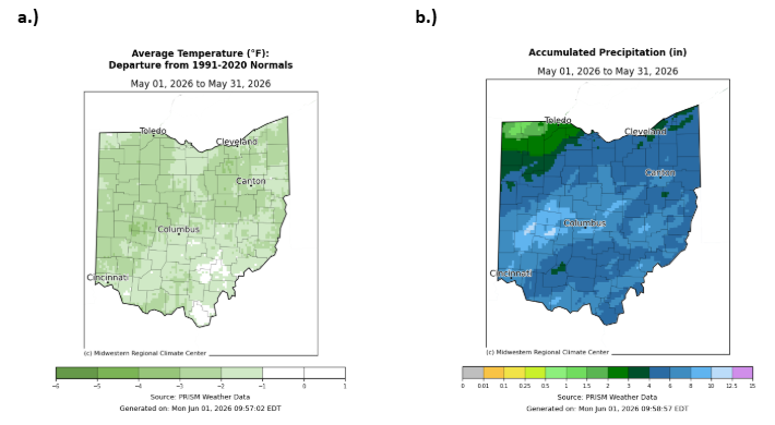 Map of Ohio with average temperature and accumulated precipitation.