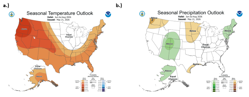 Map of the U.S. with the 3 month seasonal temperature and precipitation outlooks.