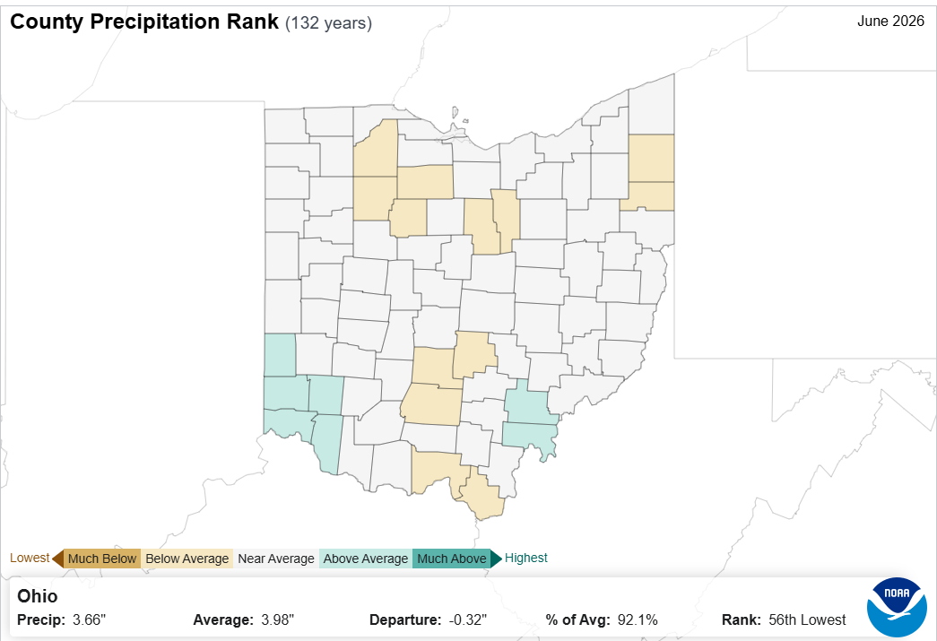 Map of Ohio with county precipitation rank.