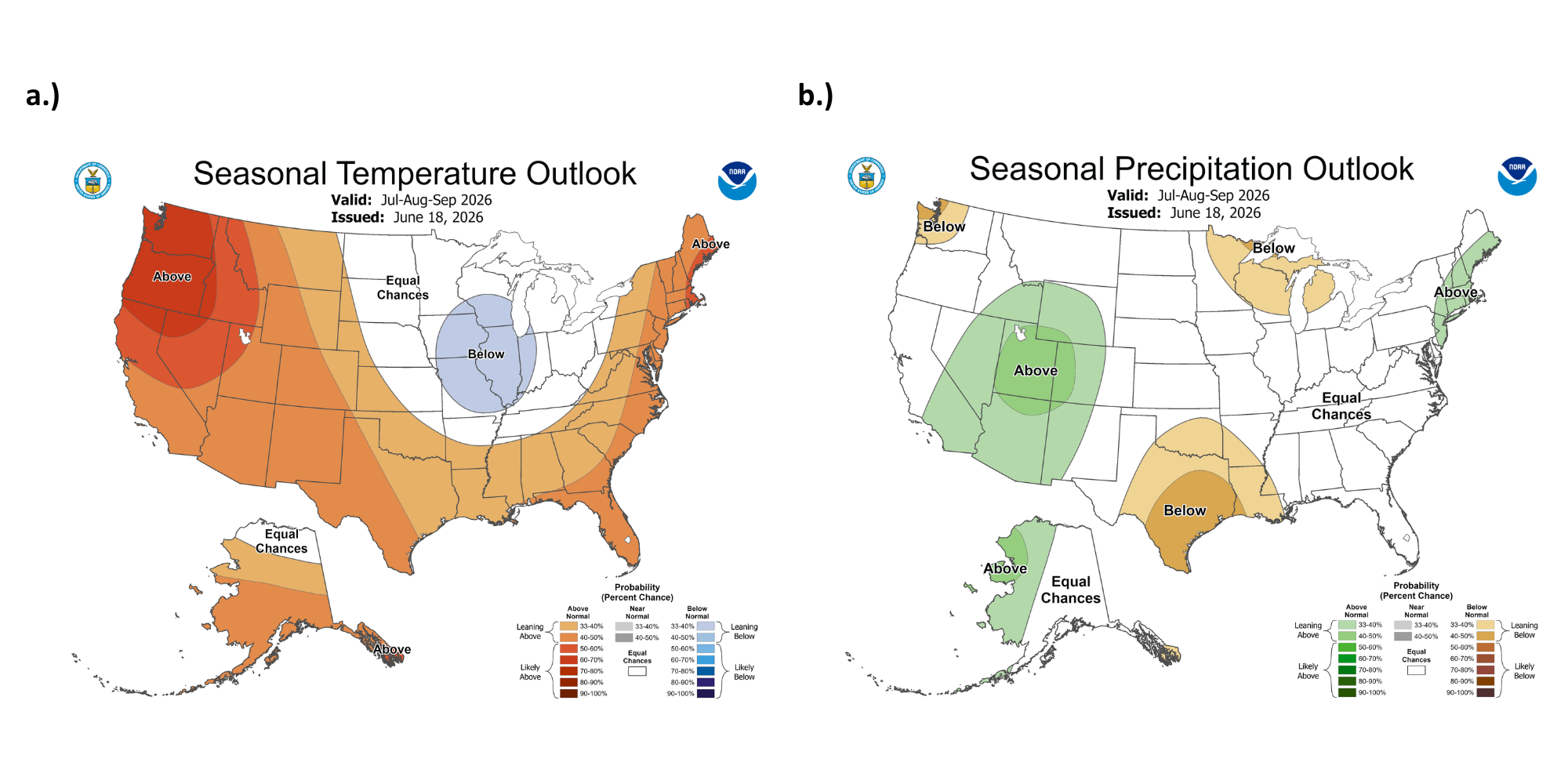 Map of the U.S. with the 3 month seasonal temperature and precipitation outlooks.