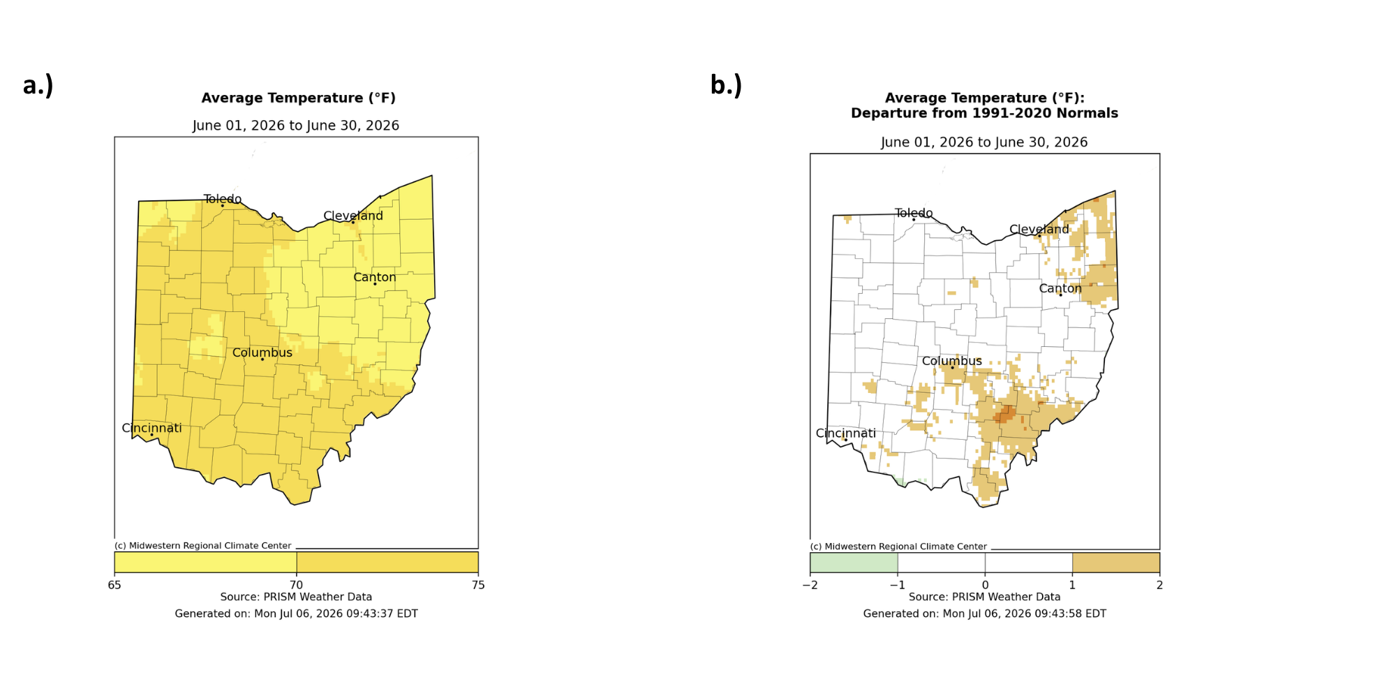 Map of Ohio with average temperature and departure from normal for temperature.