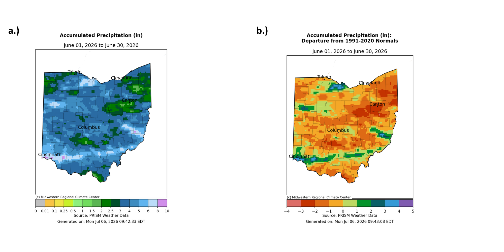 Map of Ohio with accumulated precipitation and departure from normal for precipitation.