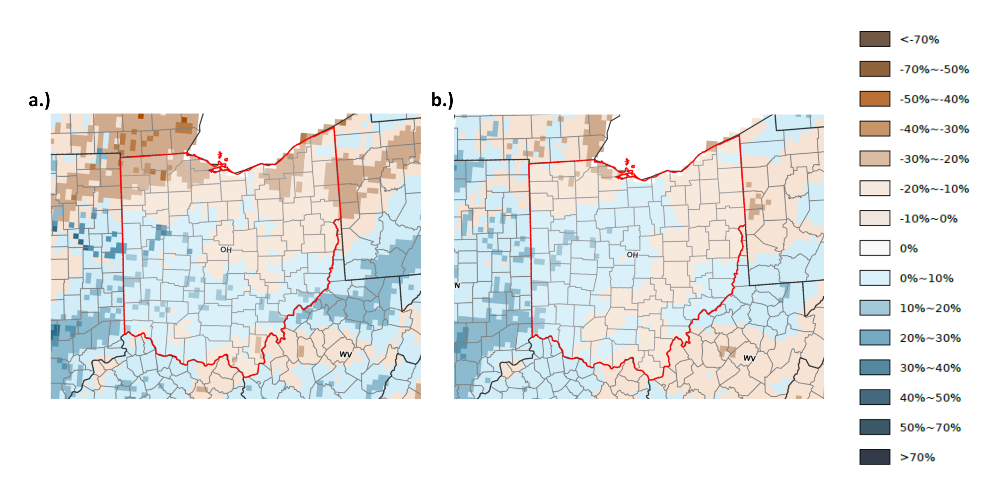 Map of top and subsoil moisture anomalies w/ a legend indicating the color scheme for each percentage. 