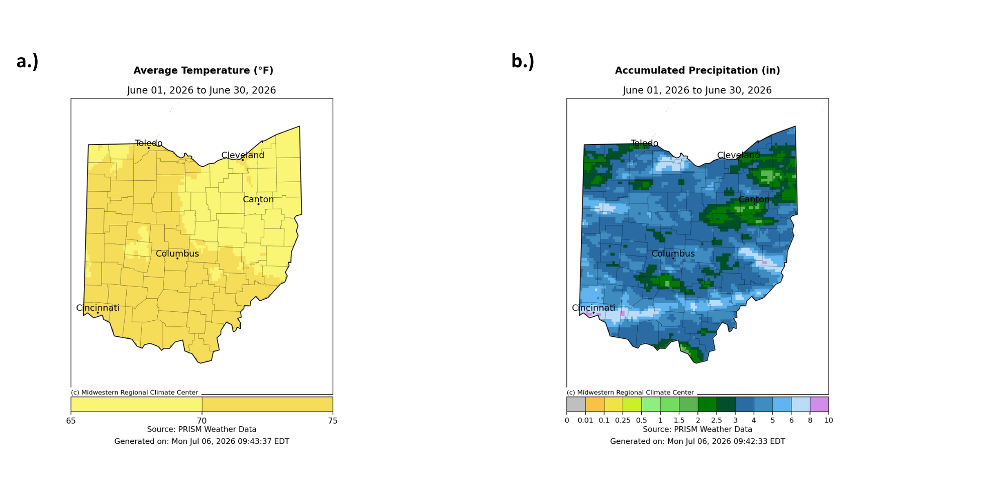 Map of Ohio with average temperature and accumulated precipitation.