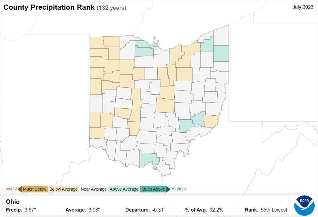 Map of Ohio with county precipitation rank.