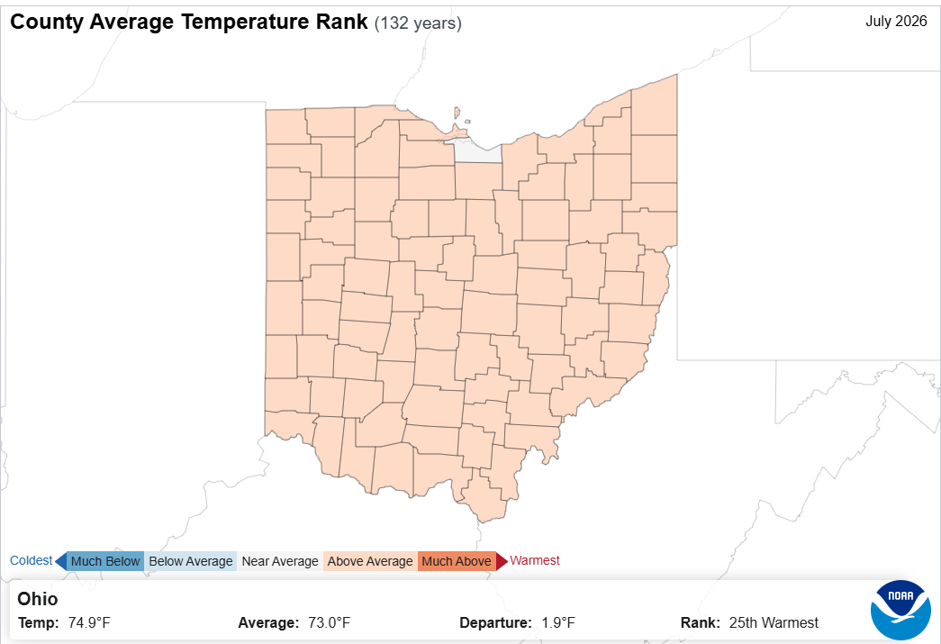 Map of Ohio with county temperature rank.