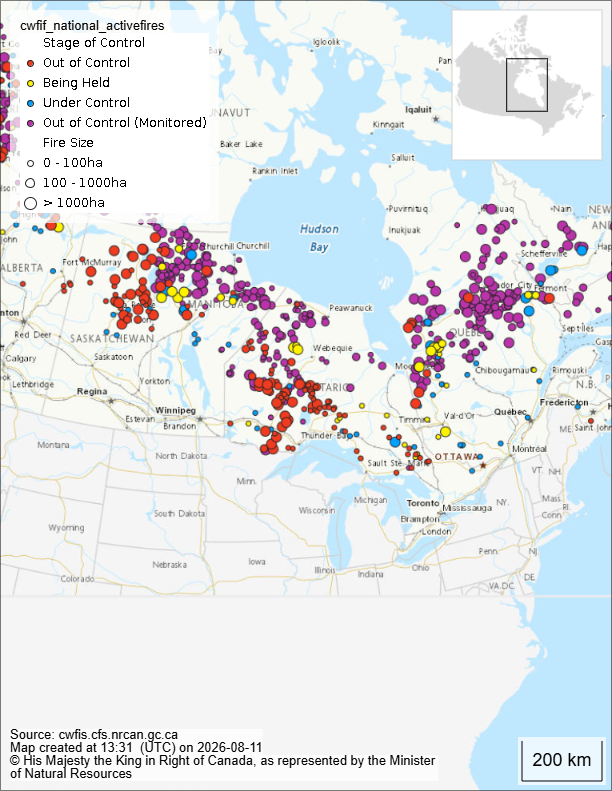 Map of Canada and the U.S. showing wildfire areas.