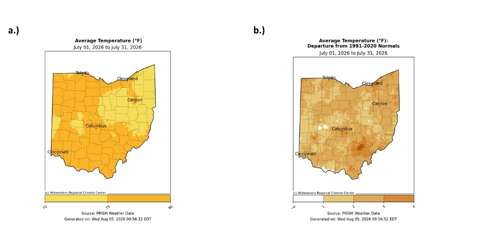 Map of Ohio with average temperature and departure from normal for temperature.