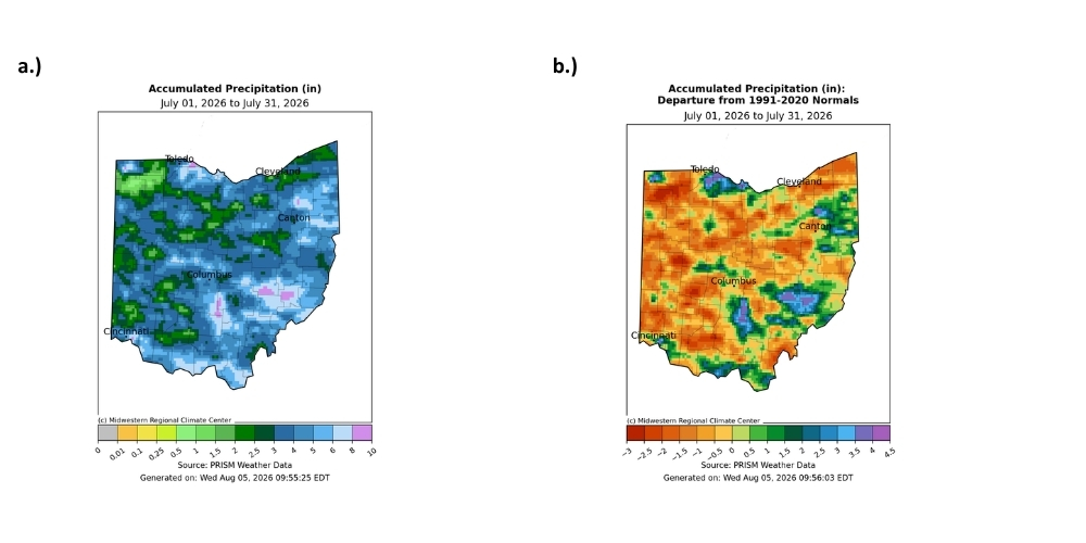 Map of Ohio with accumulated precipitation and departure from normal for precipitation.