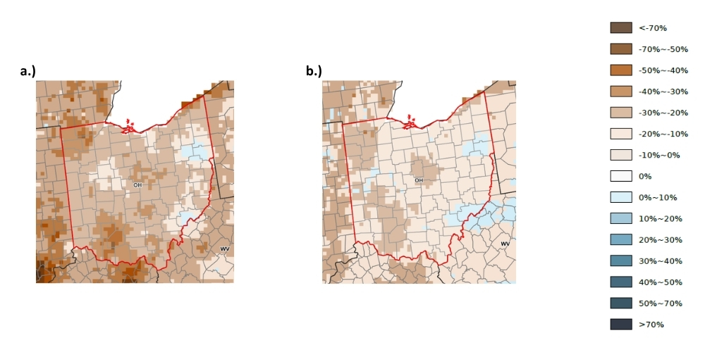 Map of Ohio with top and sub soil moisture anomalies.