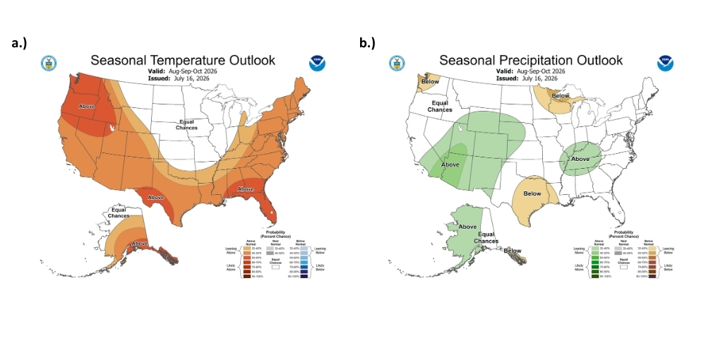 Map of the U.S. with the 3 month seasonal temperature and precipitation outlooks.