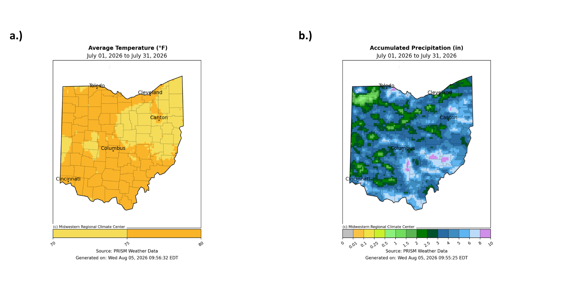 Map of Ohio with average temperature and accumulated precipitation.