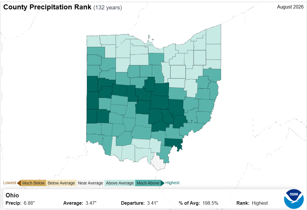 Map of Ohio with county precipitation rank.