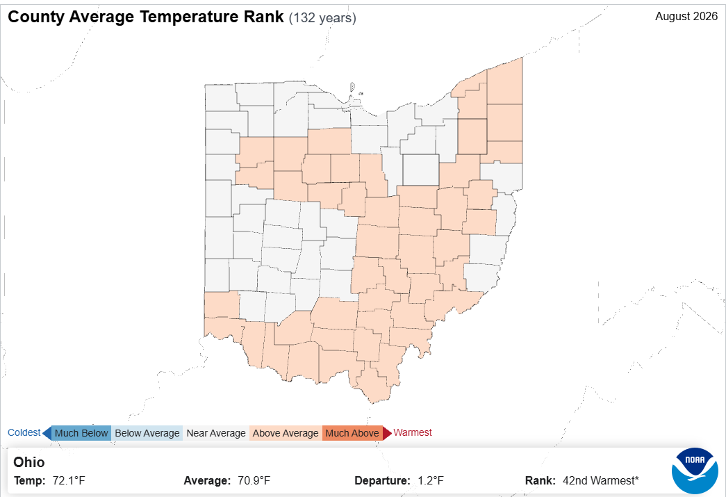 Map of Ohio with county temperature rank.