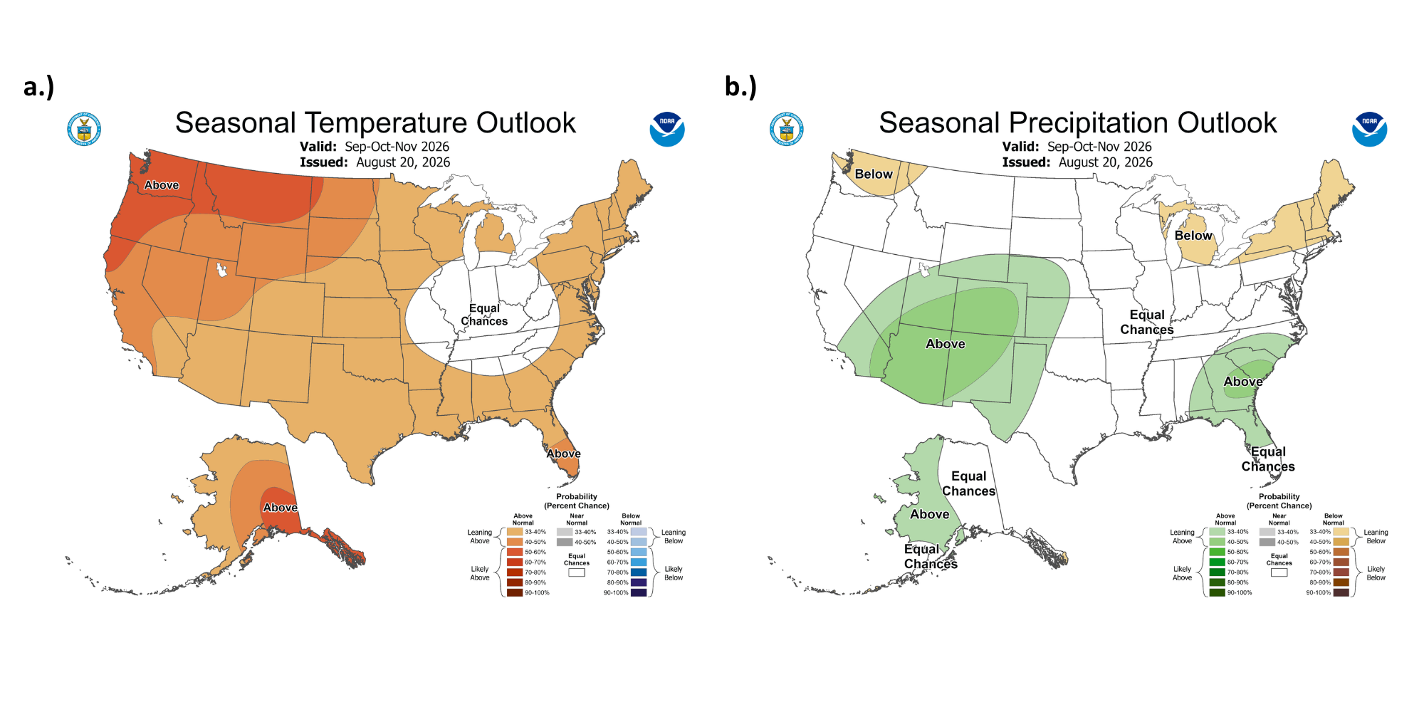 Map of the U.S. with the 3 month seasonal temperature and precipitation outlooks.