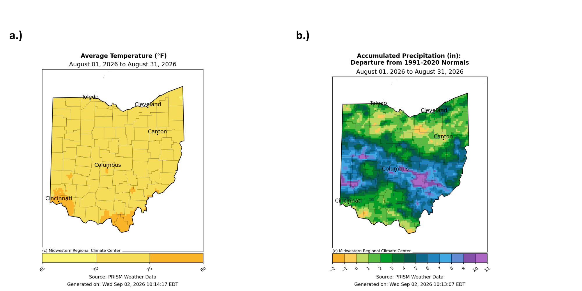 Map of Ohio with average temperature and accumulated precipitation.